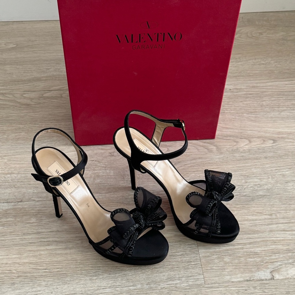 Black Valentino Mesh Bow Platform Heels w/ Ankle Straps - EU 38.5